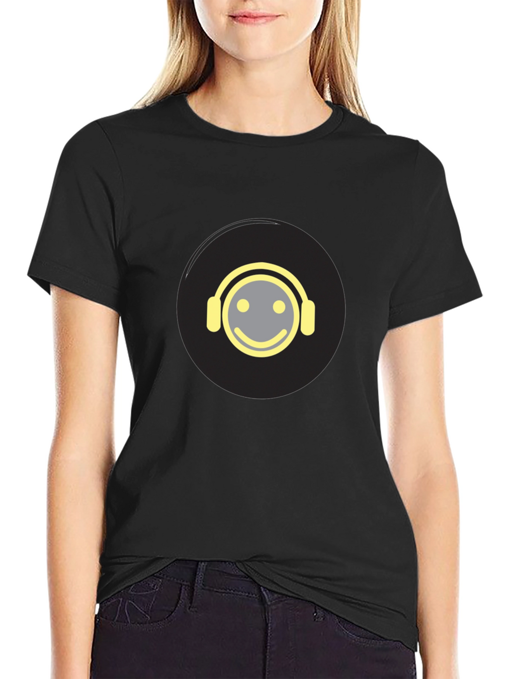 Smiley Face Headphones Graphic Tee - Black Cotton Blend