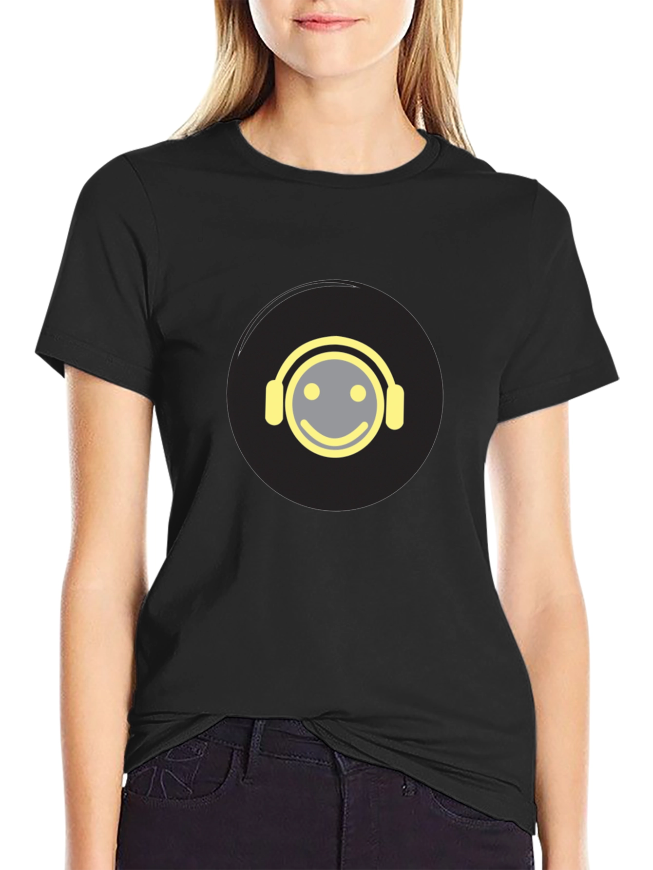 Smiley Face Headphones Graphic Tee - Black Cotton Blend