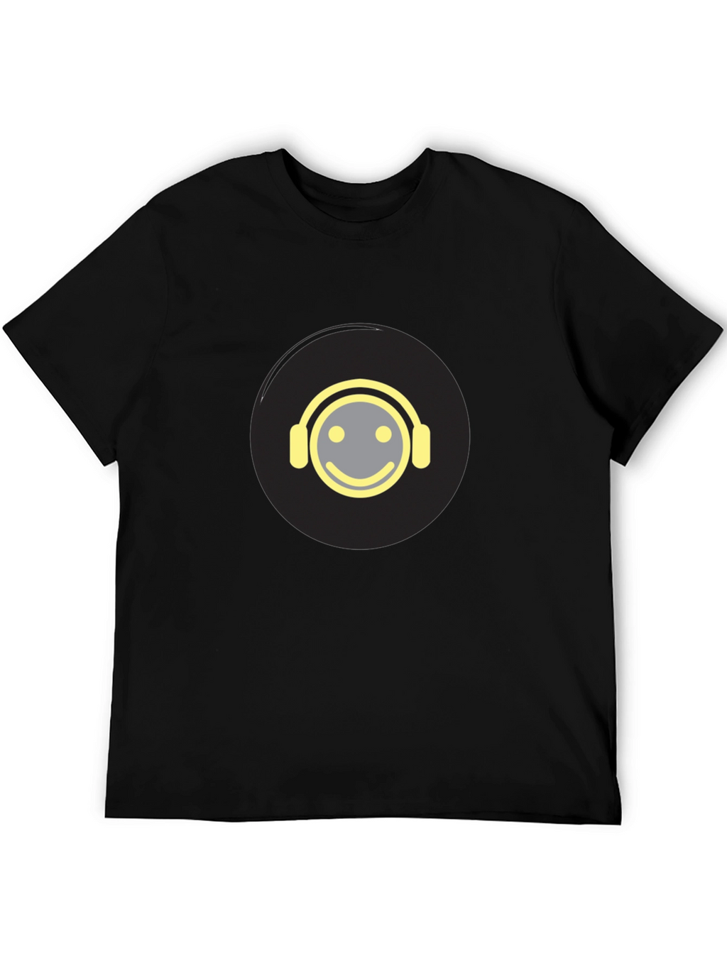 Smiley Face Headphones Graphic Tee - Black Cotton Blend