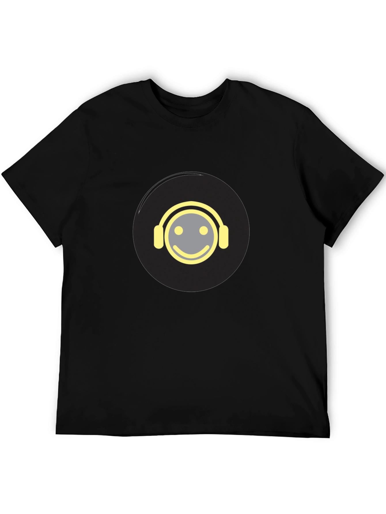 Smiley Face Headphones Graphic Tee - Black Cotton Blend
