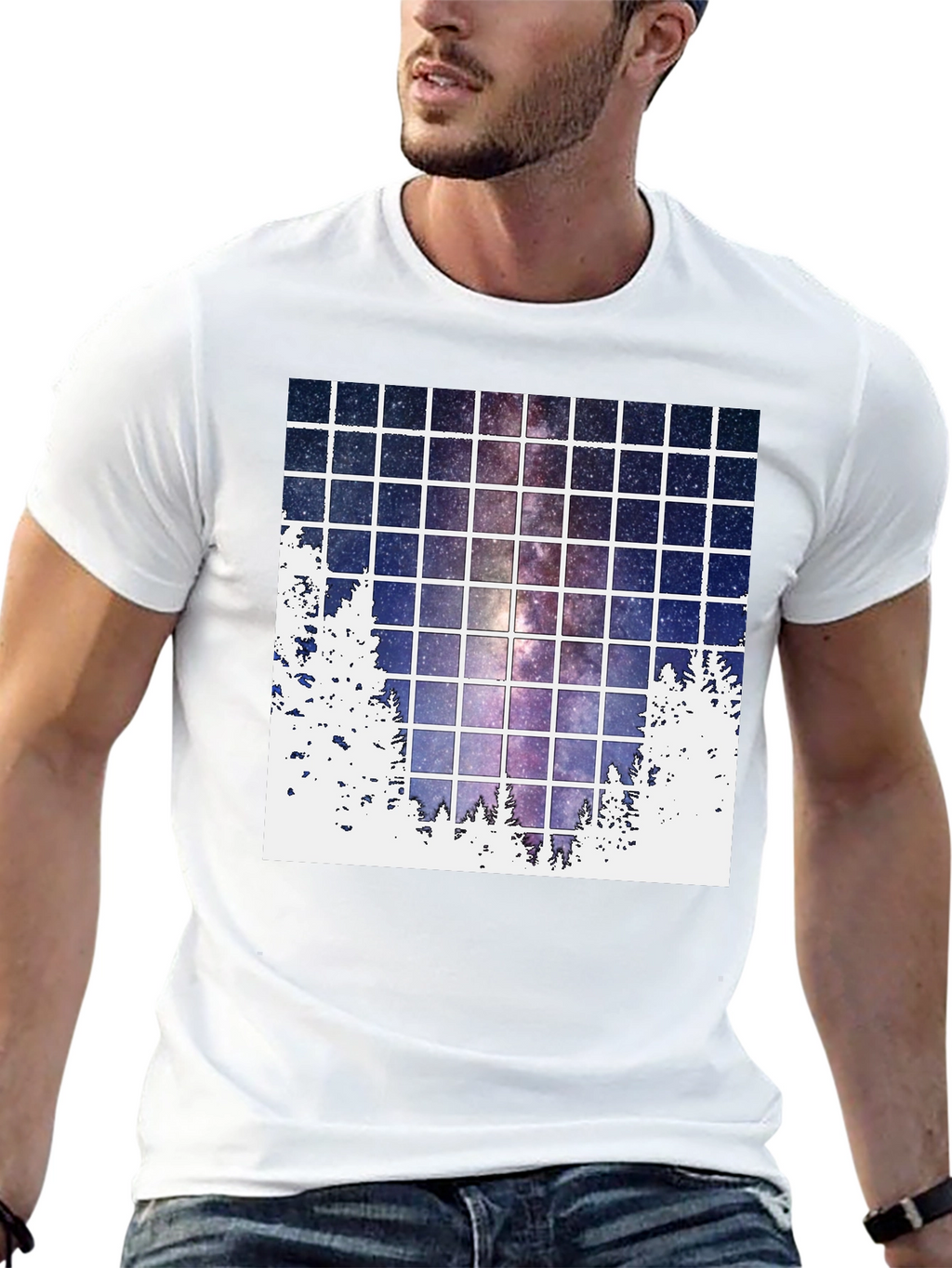 Galaxy Grid T-Shirt: Night Sky Forest Tee