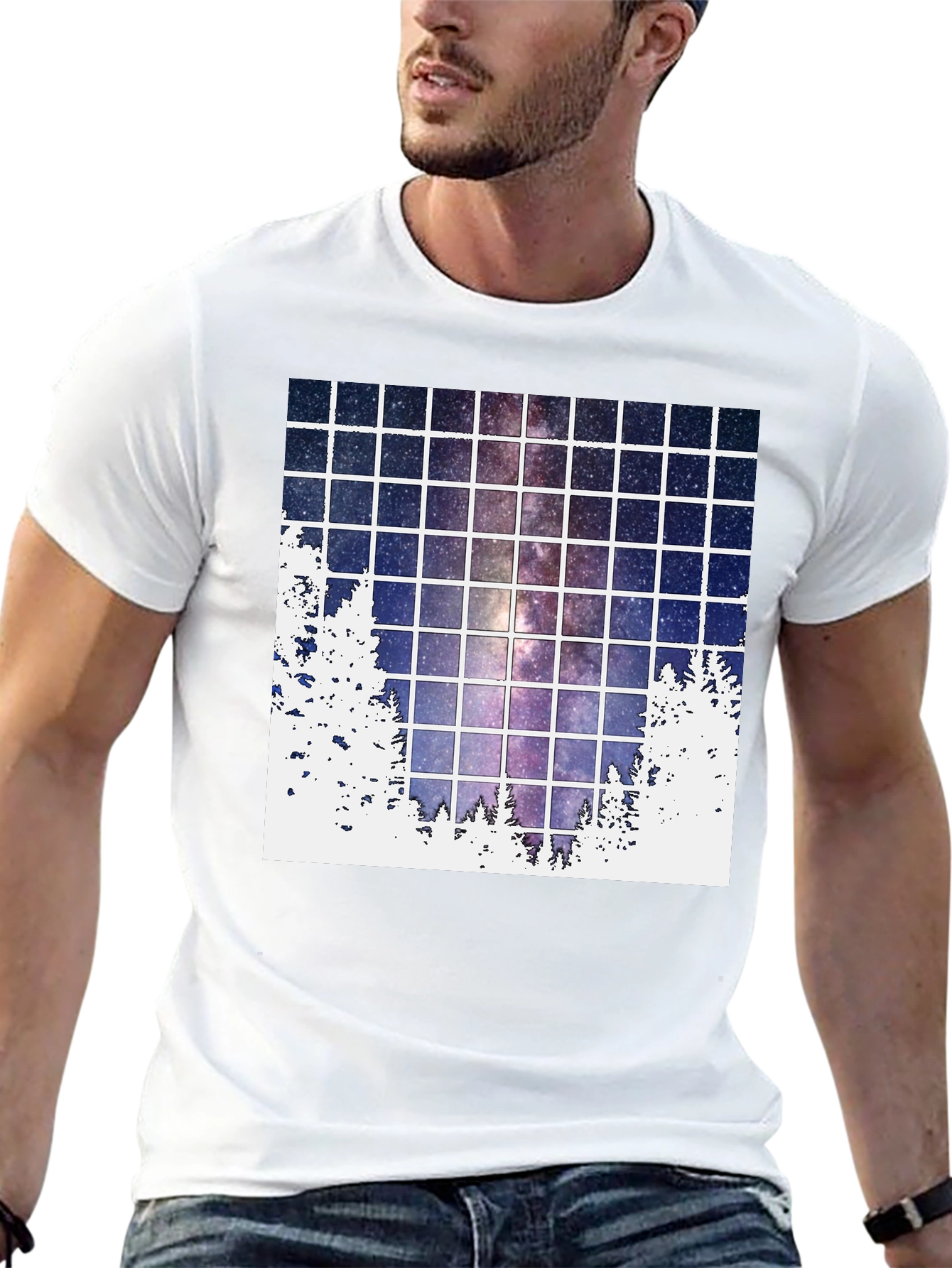 Galaxy Grid T-Shirt: Night Sky Forest Tee