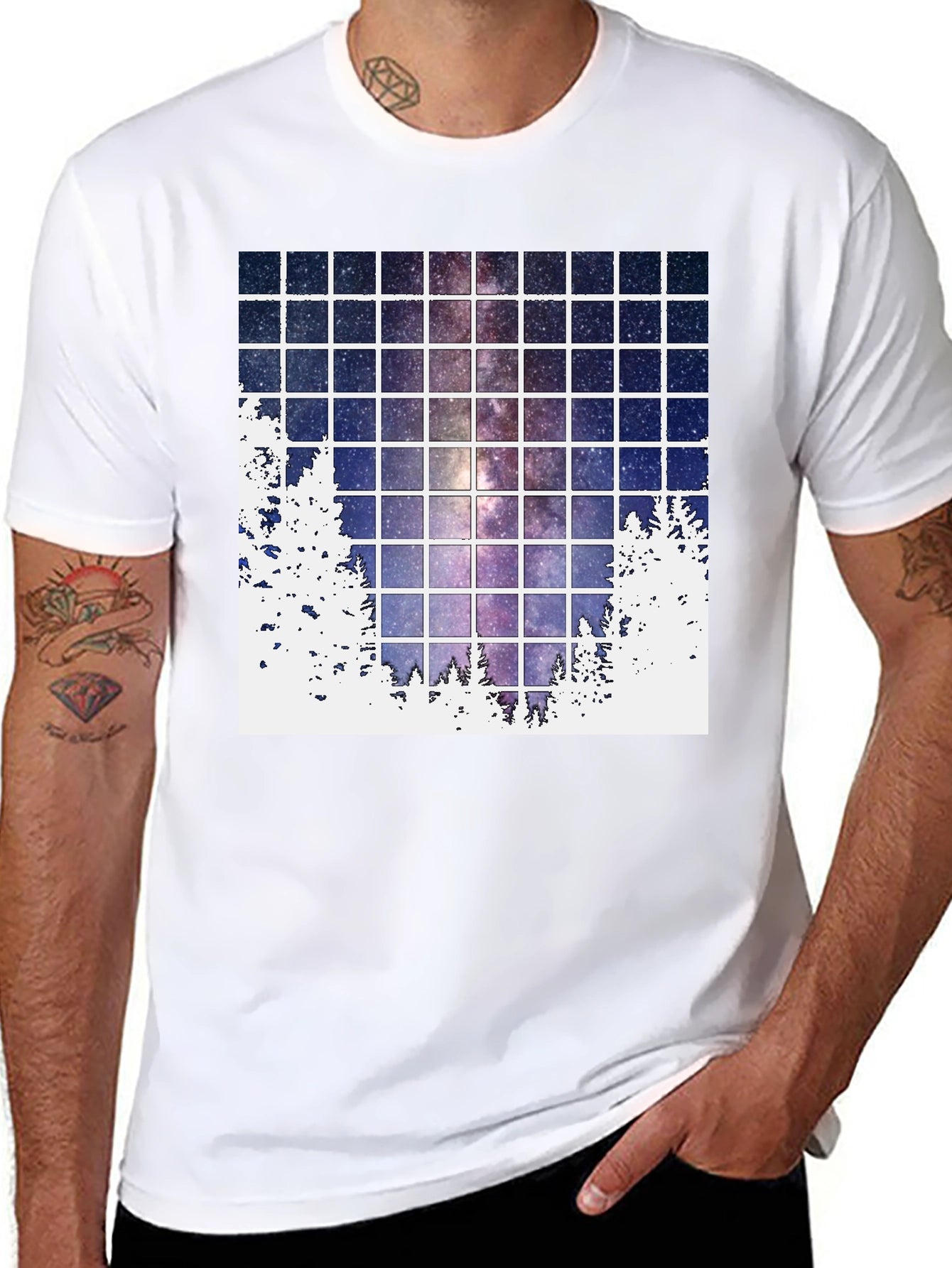Galaxy Grid T-Shirt: Night Sky Forest Tee