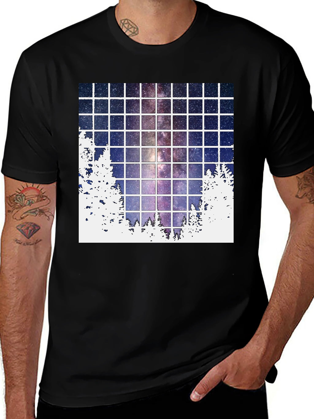 Galaxy Grid T-Shirt: Night Sky Forest Tee