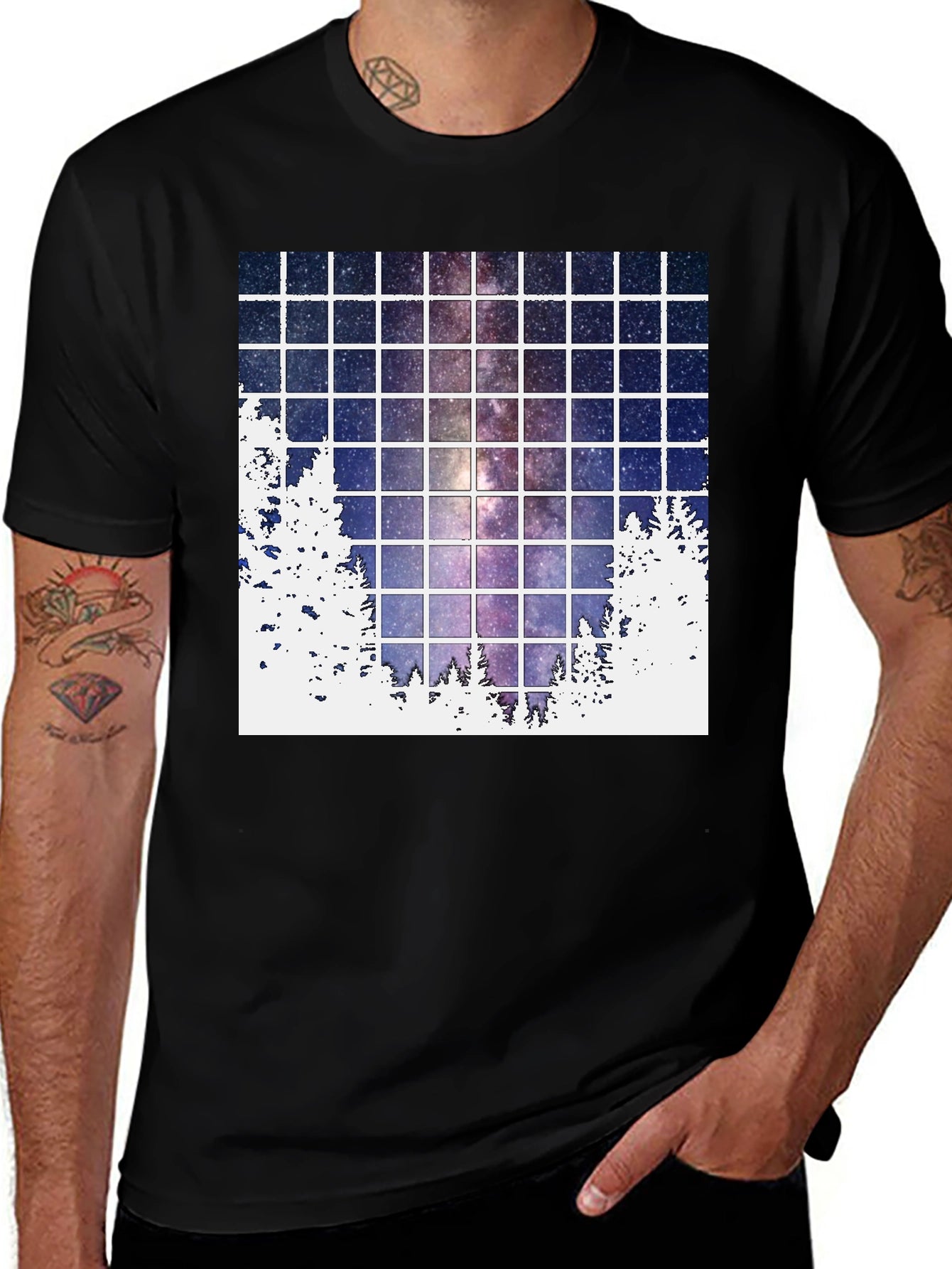 Galaxy Grid T-Shirt: Night Sky Forest Tee