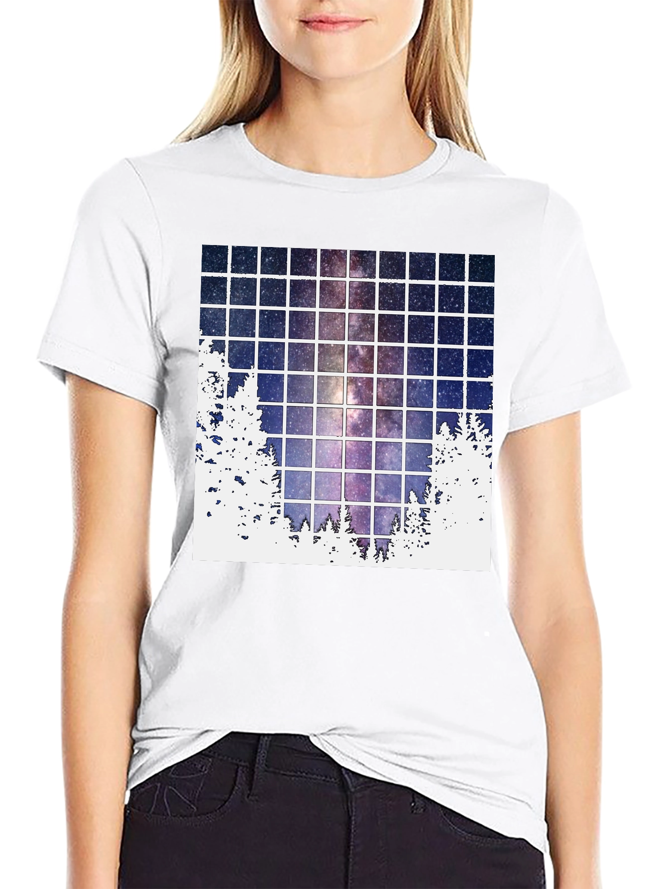 Galaxy Grid T-Shirt: Night Sky Forest Tee