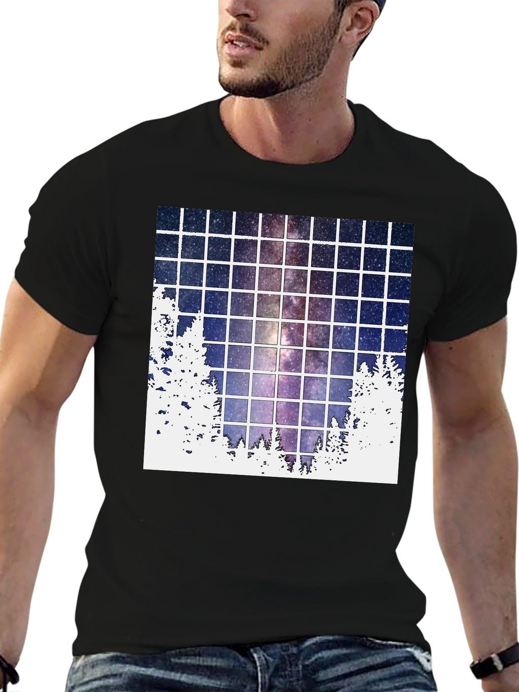 Galaxy Grid T-Shirt: Night Sky Forest Tee