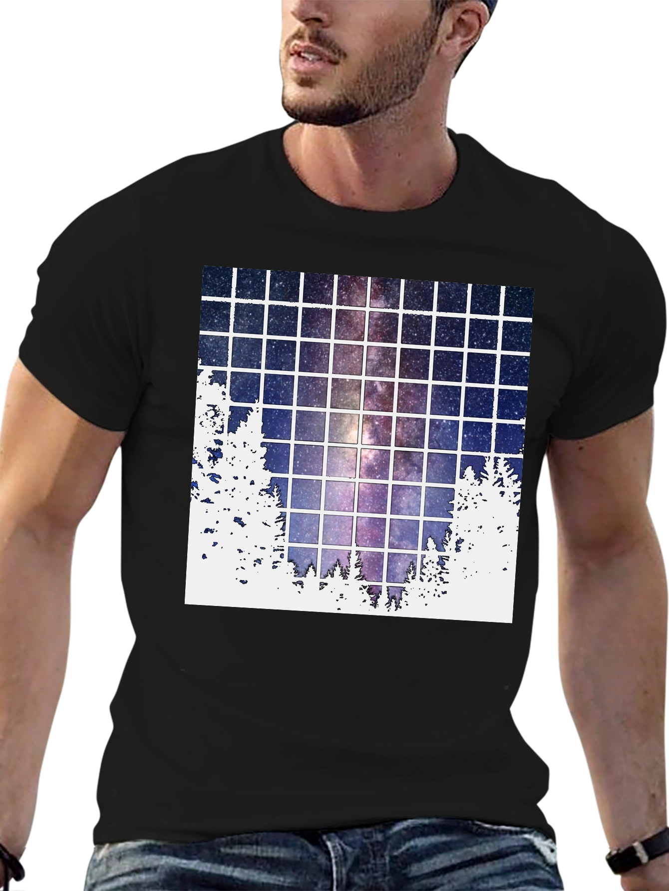 Galaxy Grid T-Shirt: Night Sky Forest Tee