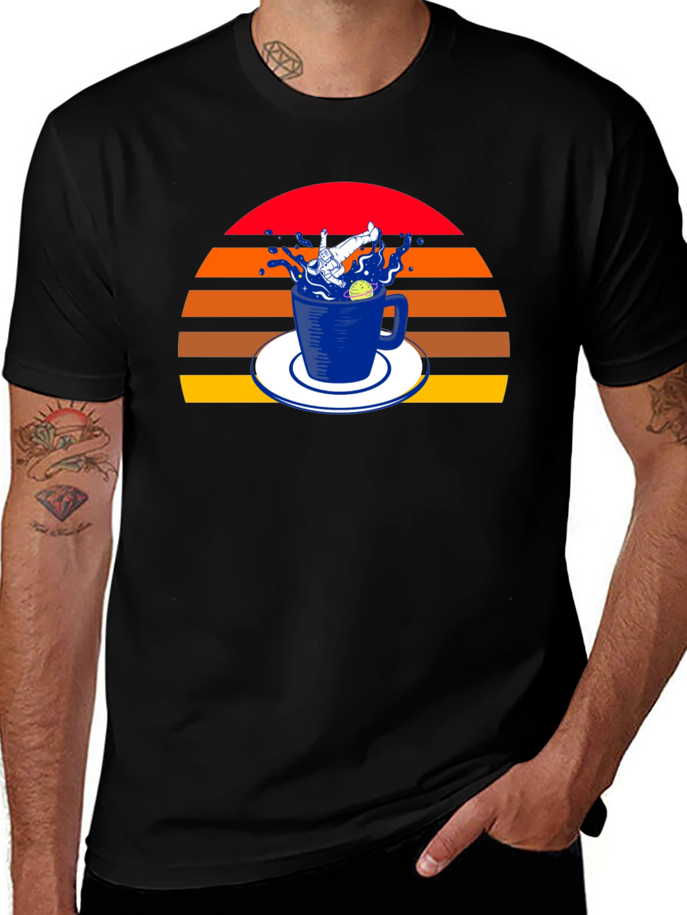 Retro Spaceman in a Teacup Black T-Shirt