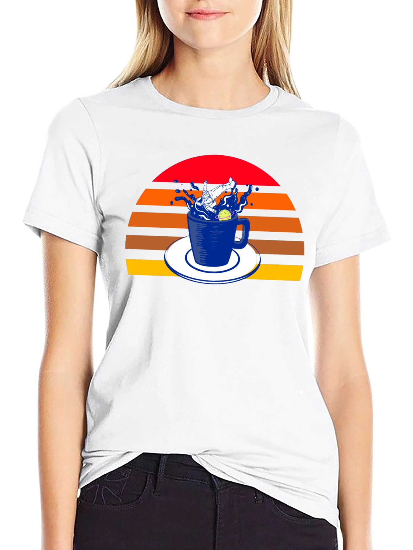Retro Spaceman in a Teacup Black T-Shirt