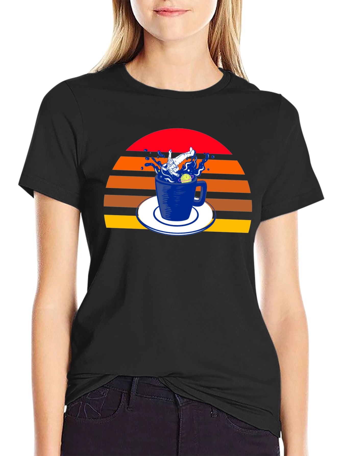 Retro Spaceman in a Teacup Black T-Shirt