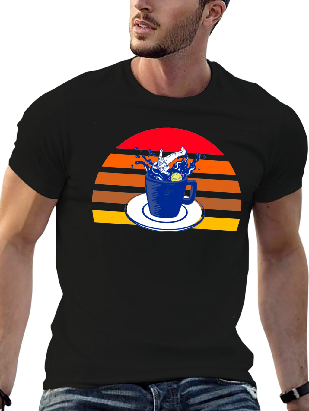 Retro Spaceman in a Teacup Black T-Shirt