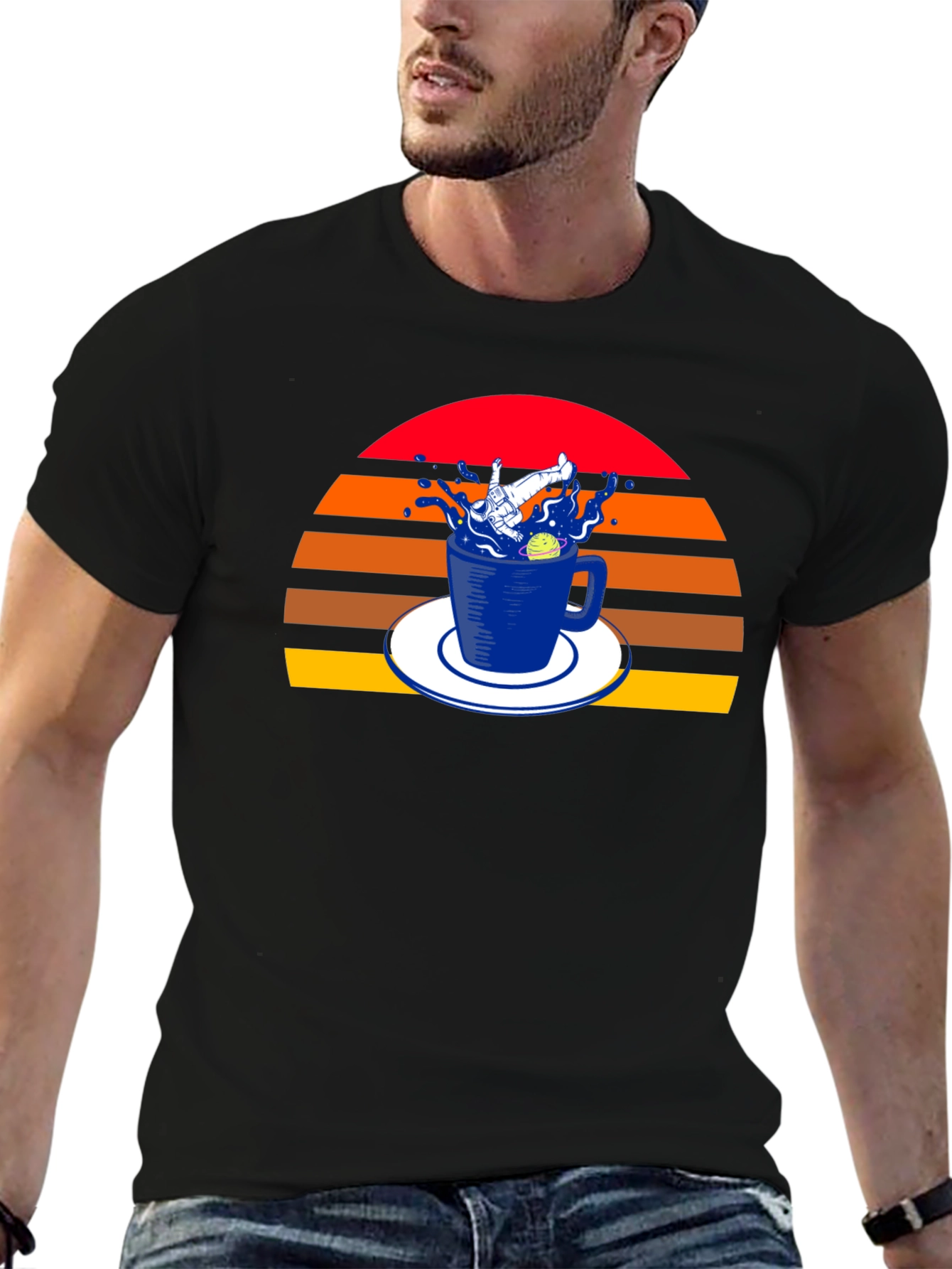 Retro Spaceman in a Teacup Black T-Shirt