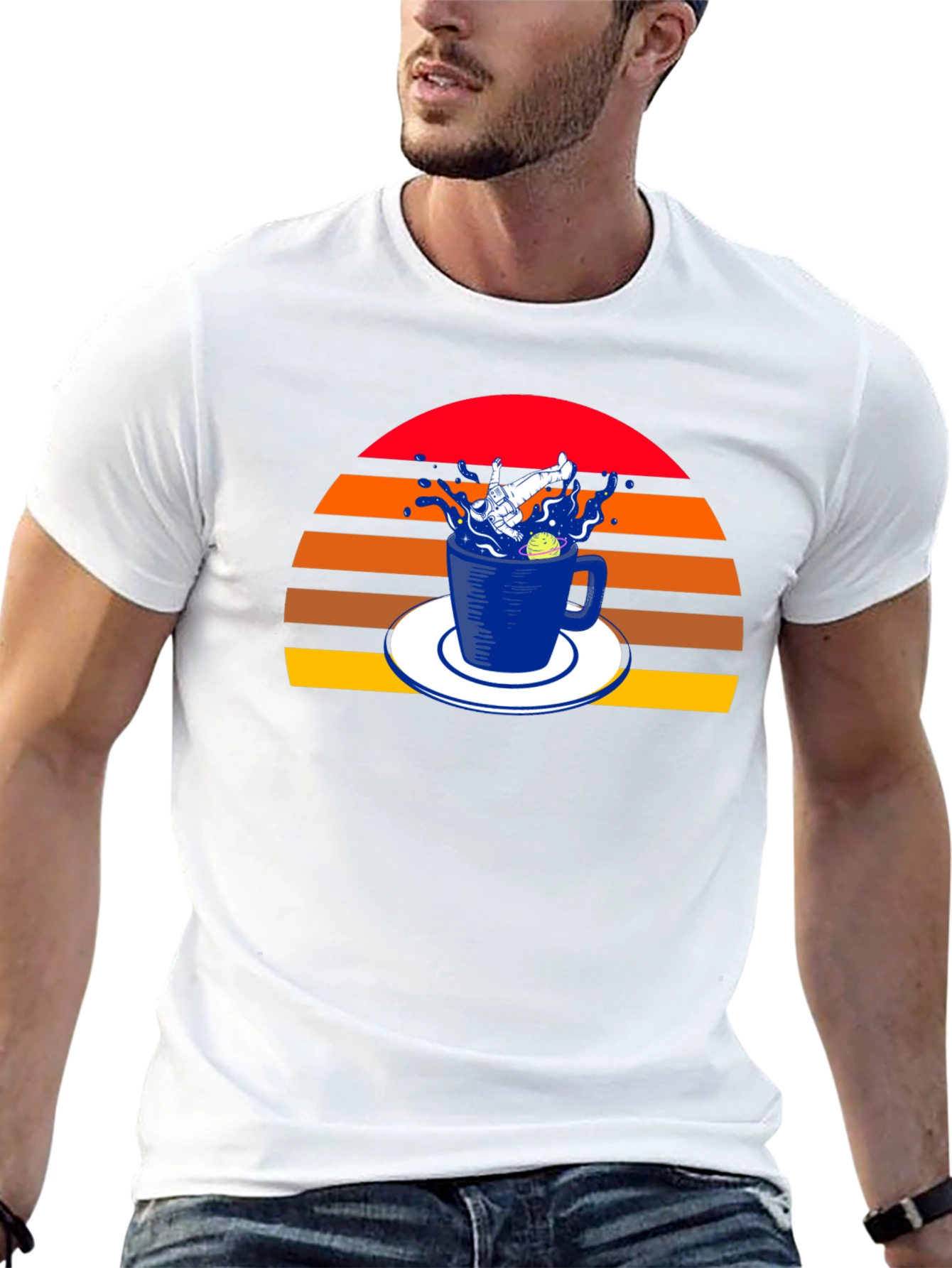 Retro Spaceman in a Teacup Black T-Shirt
