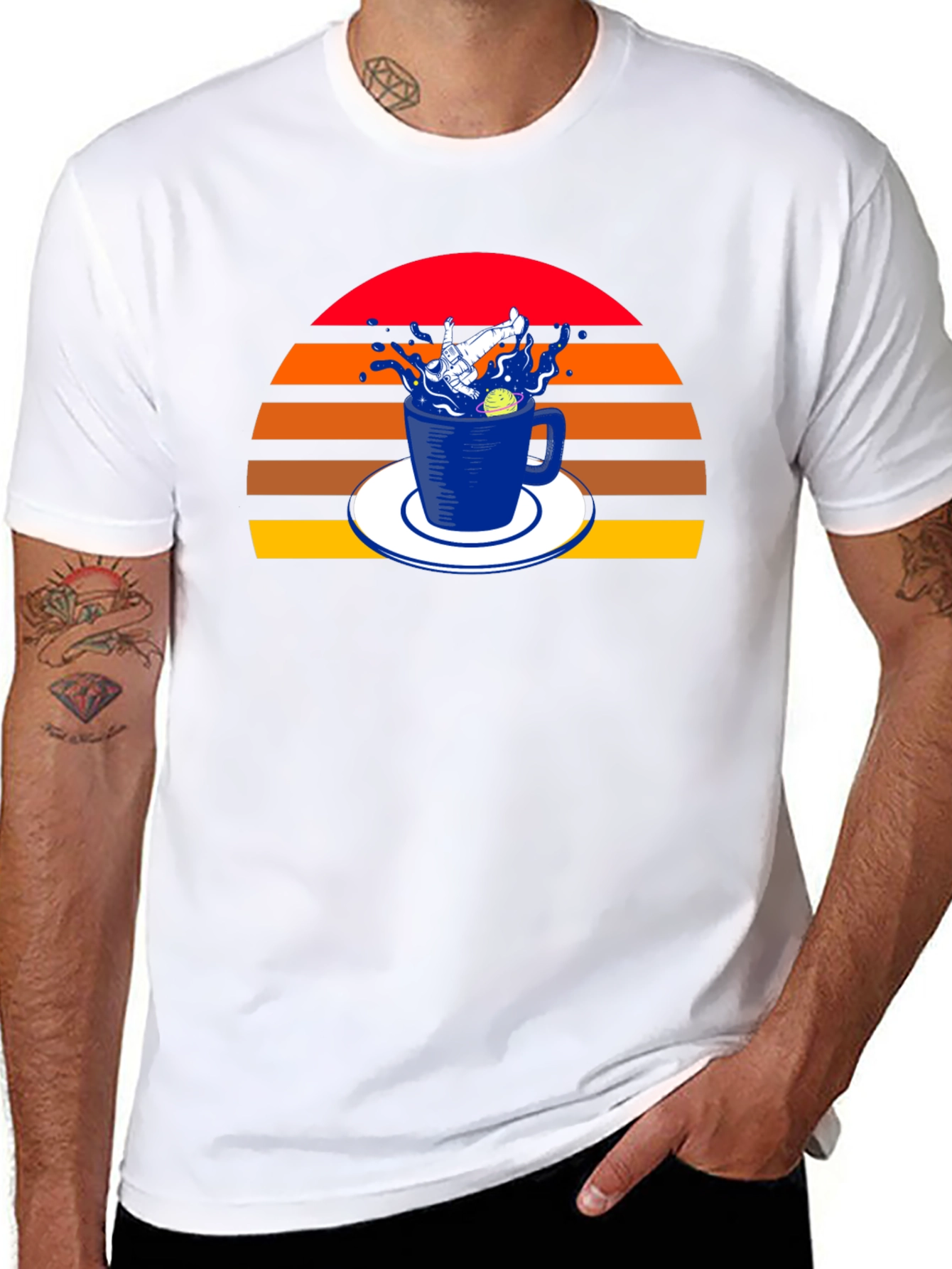 Retro Spaceman in a Teacup Black T-Shirt