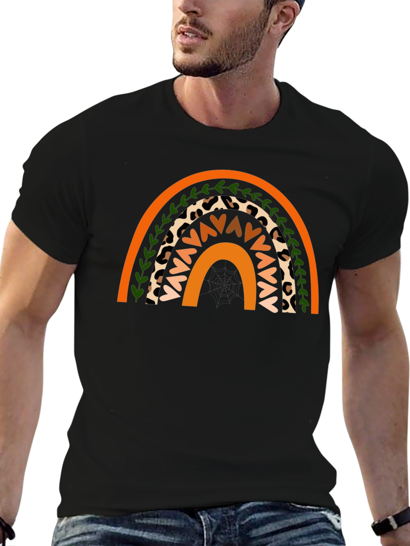 Boho Rainbow Graphic Tee - Stylish Mens Black T-Shirt