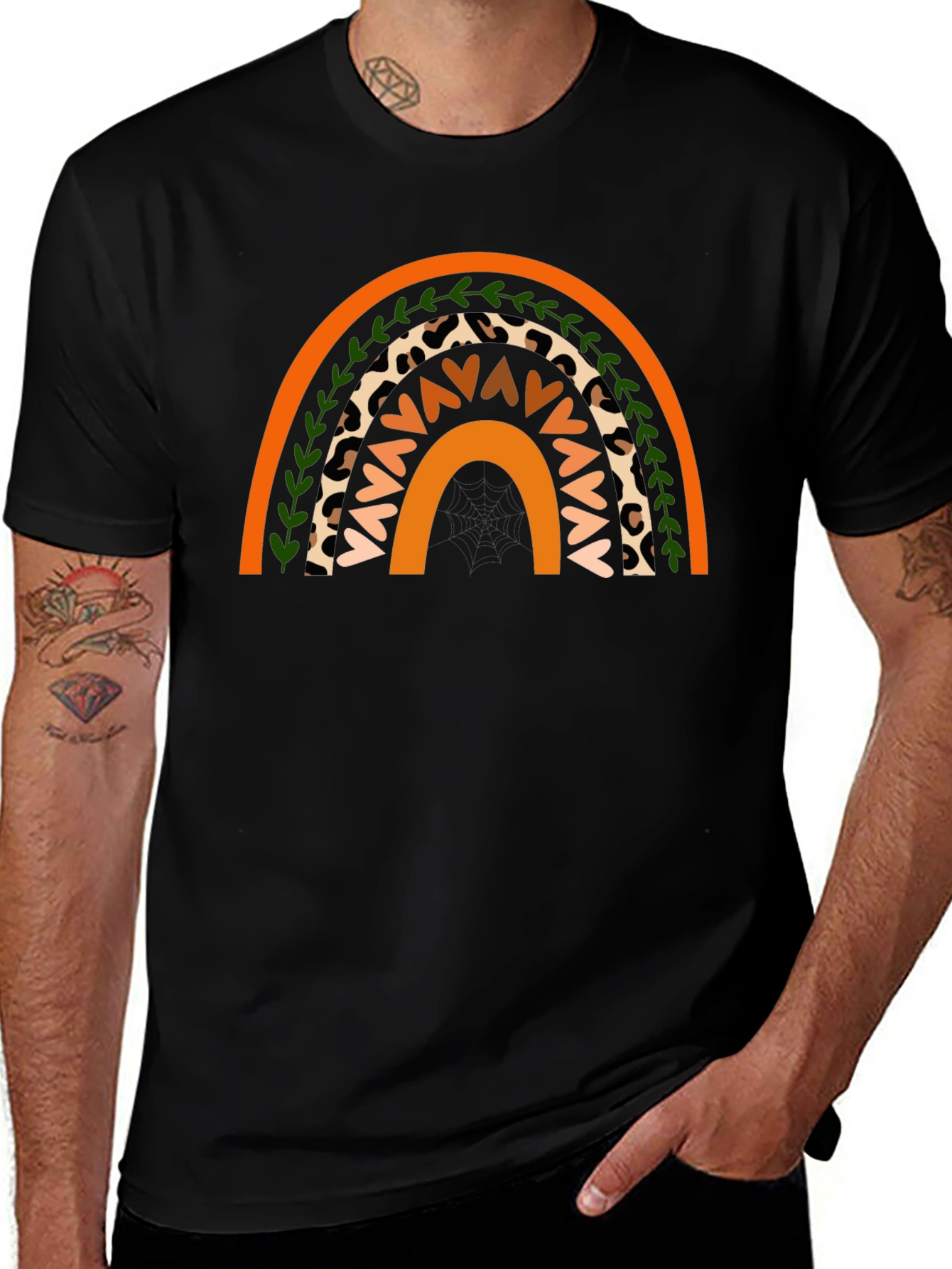 Boho Rainbow Graphic Tee - Stylish Mens Black T-Shirt