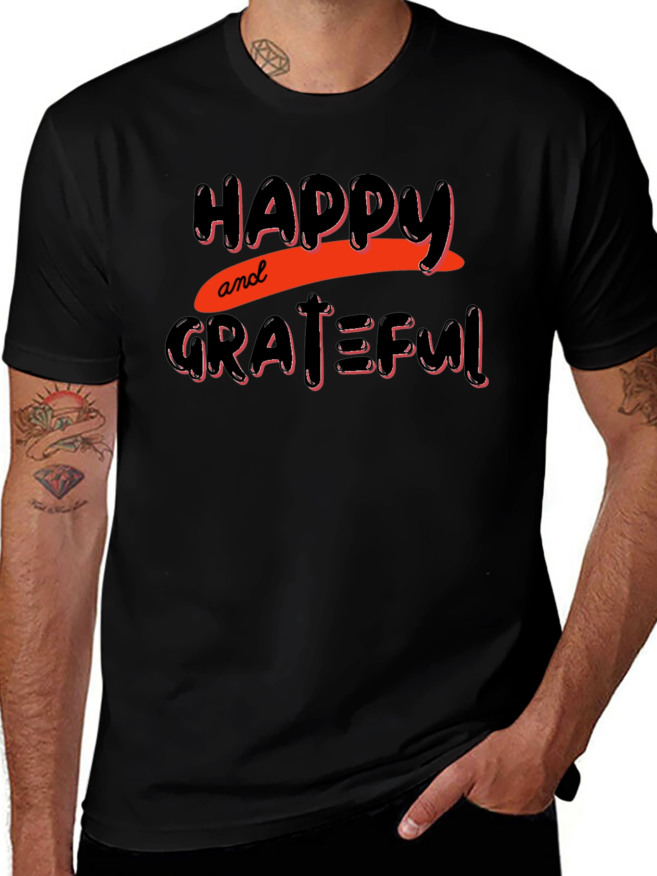 Happy & Grateful Graphic Print Black T-Shirt