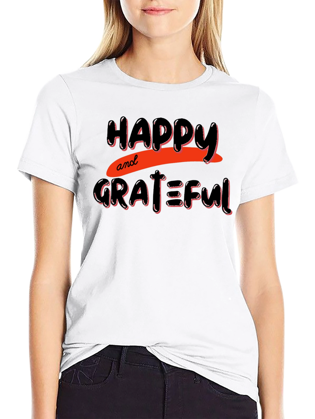 Happy & Grateful Graphic Print Black T-Shirt