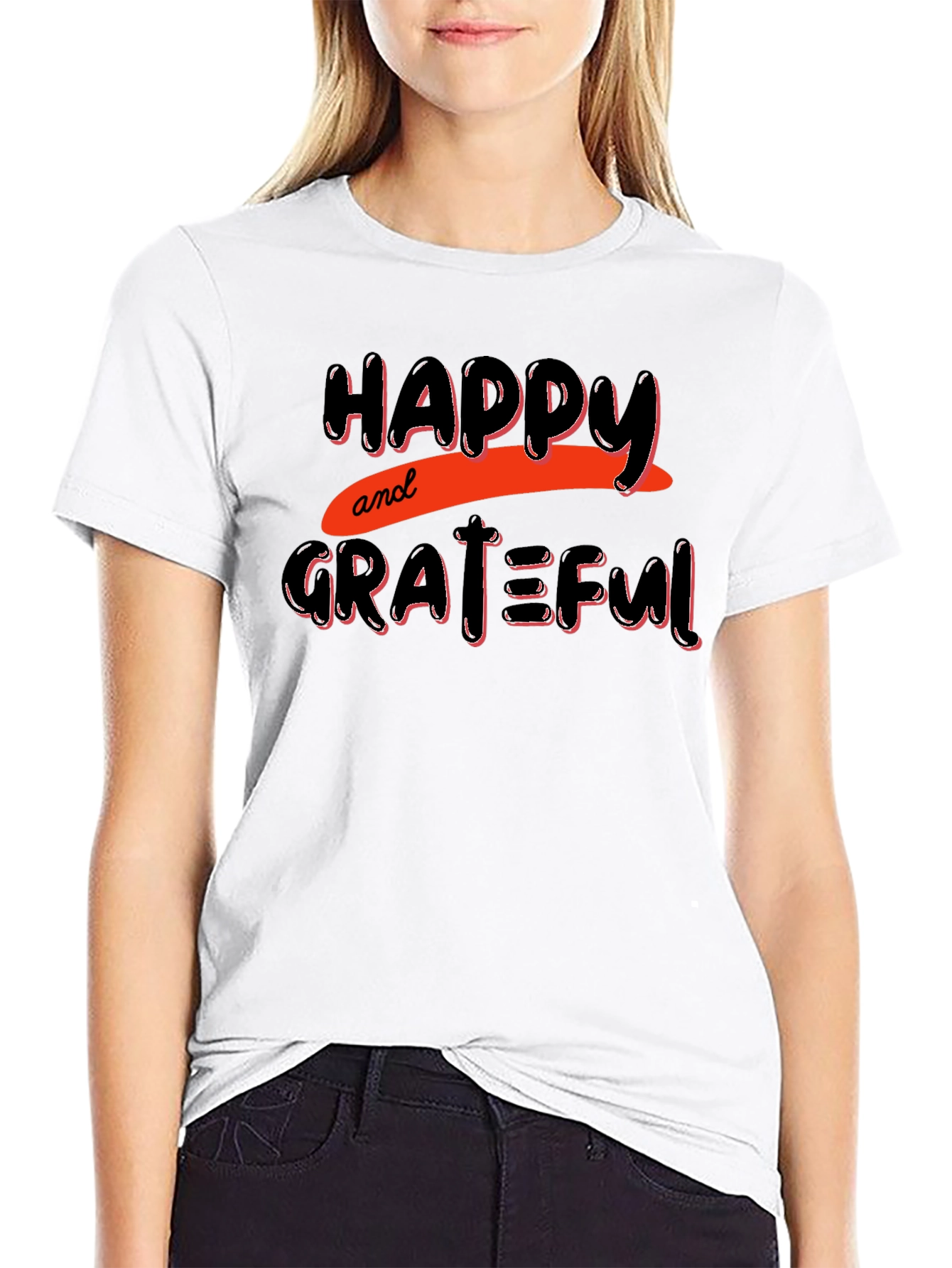 Happy & Grateful Graphic Print Black T-Shirt