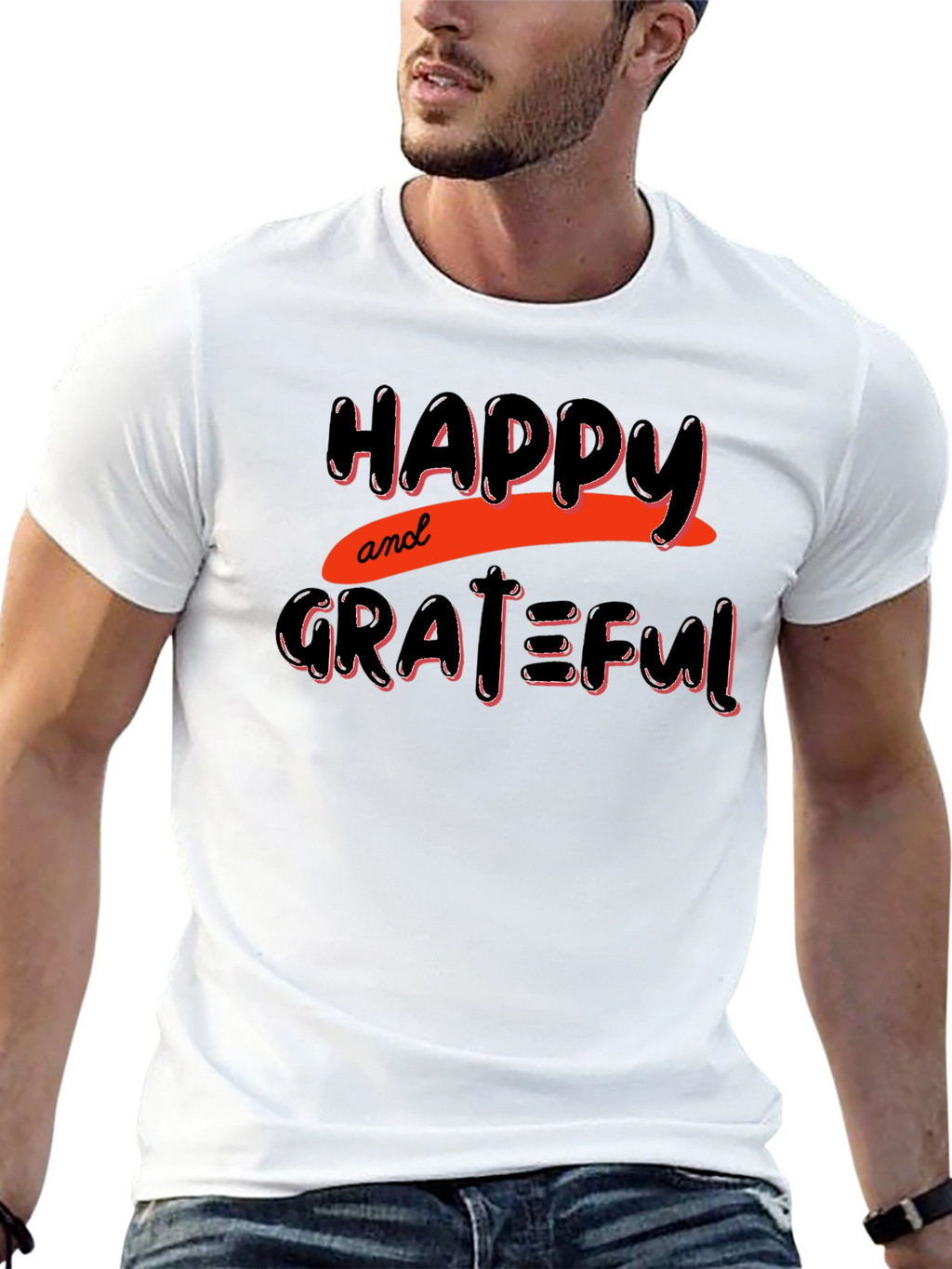 Happy & Grateful Graphic Print Black T-Shirt