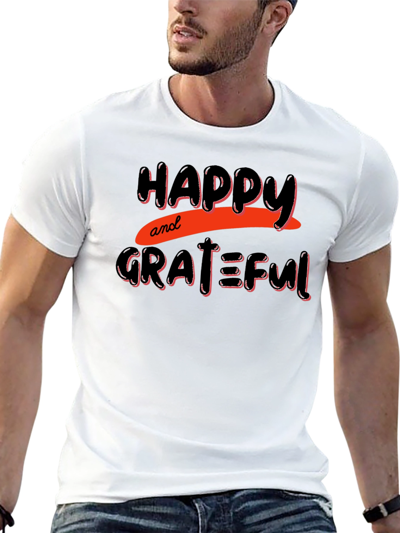Happy & Grateful Graphic Print Black T-Shirt
