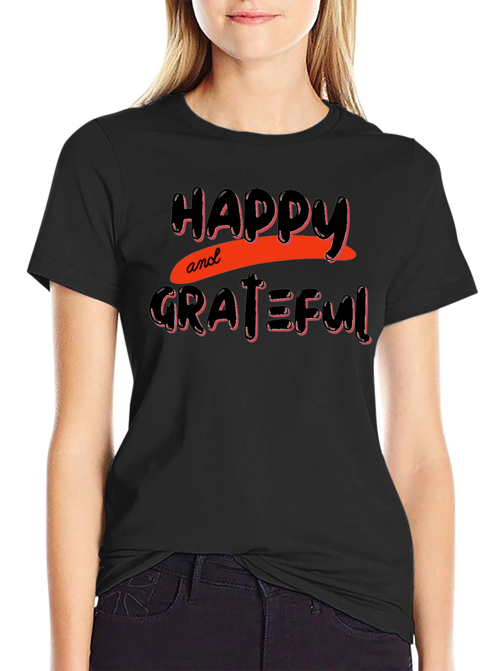 Happy & Grateful Graphic Print Black T-Shirt