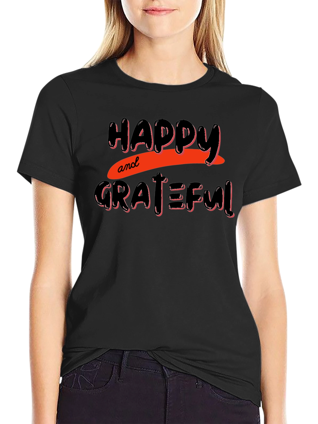 Happy & Grateful Graphic Print Black T-Shirt