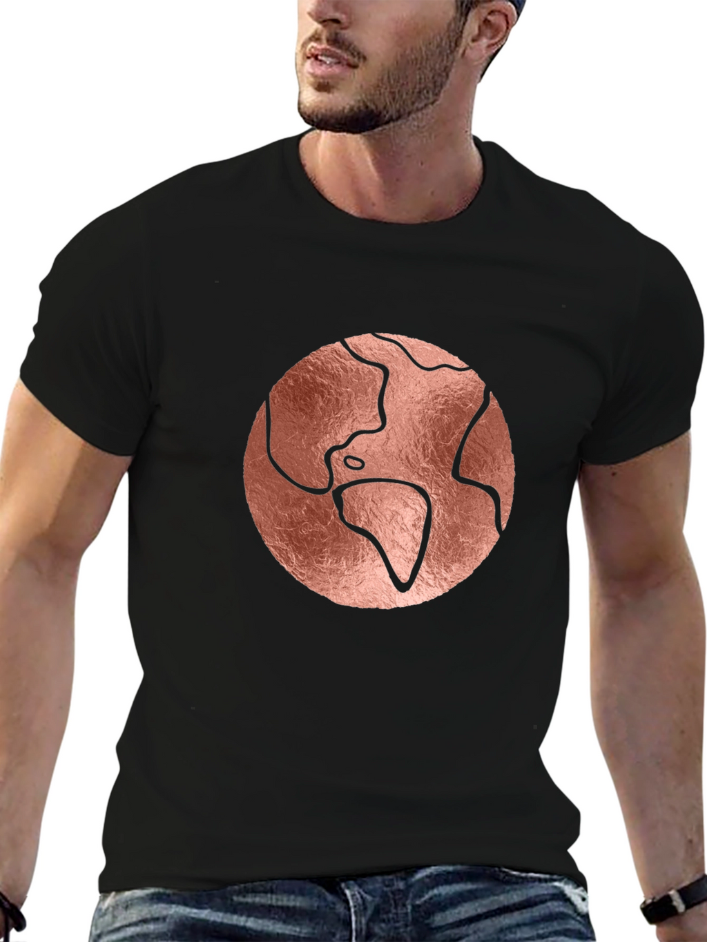 Rose Gold Earth Graphic Black T-Shirt