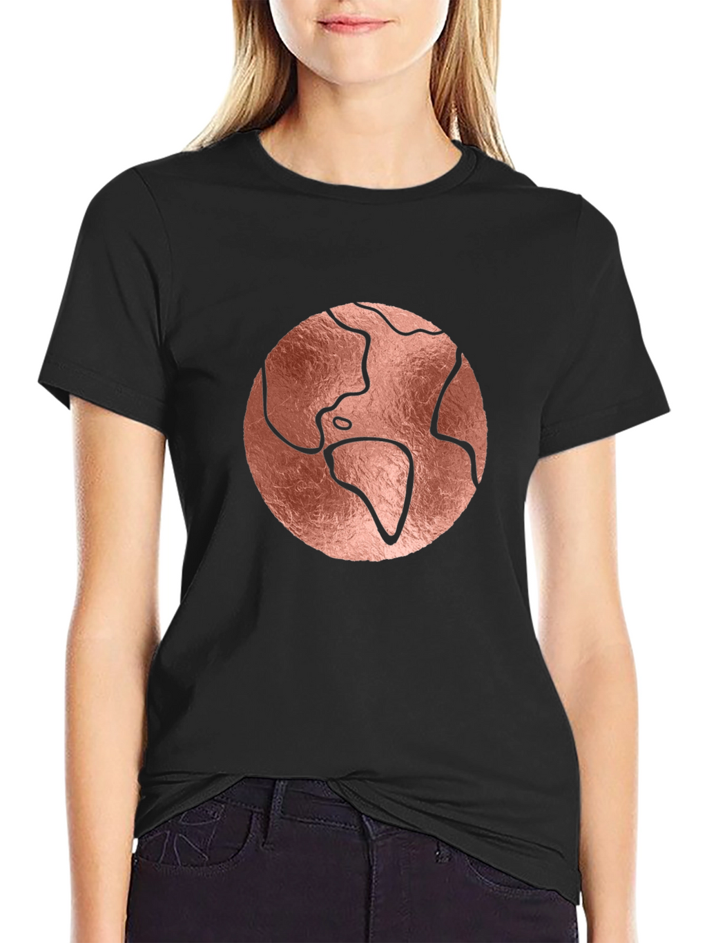 Rose Gold Earth Graphic Black T-Shirt