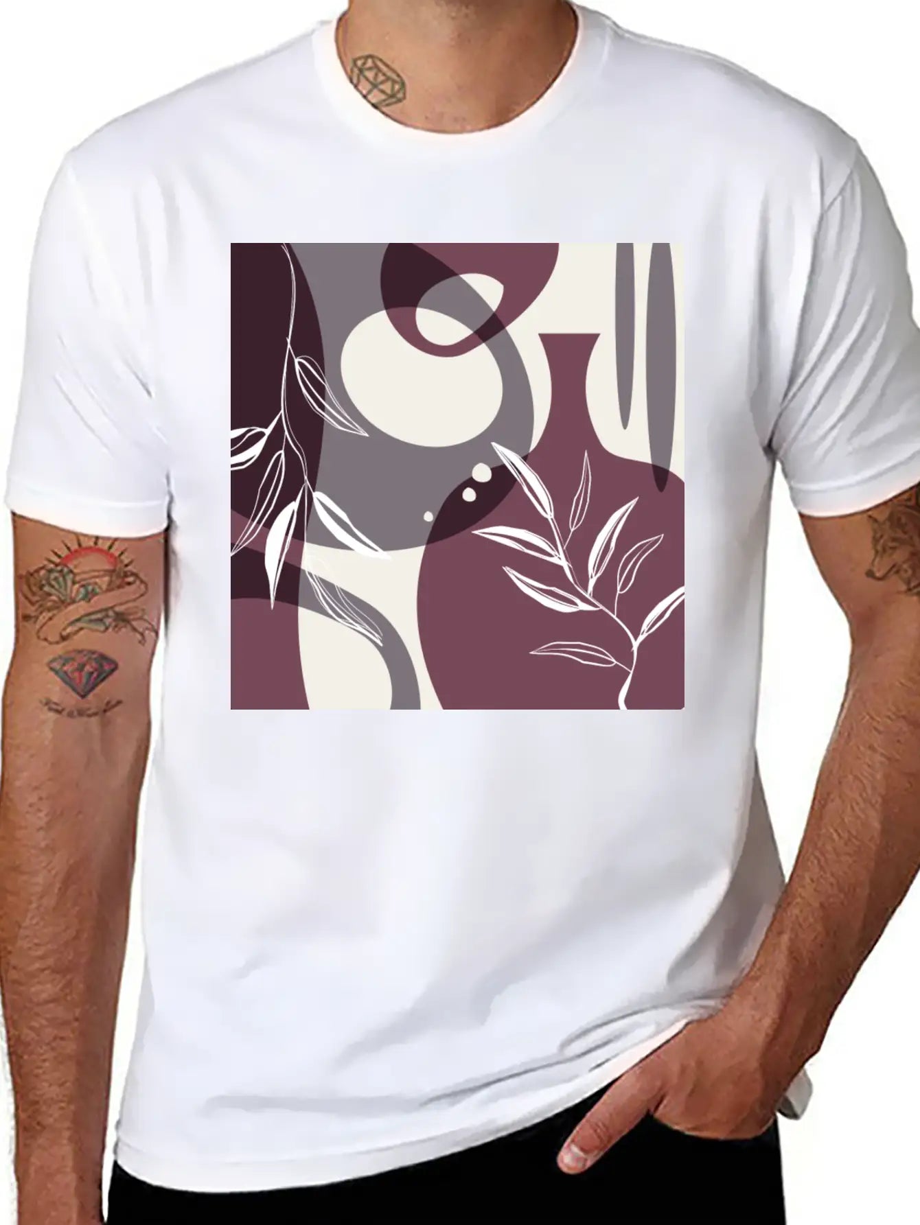Abstract Leaves And Vases In Mulberry And Unisex Casual T-Shirt – Clean Design For Daily Comfort