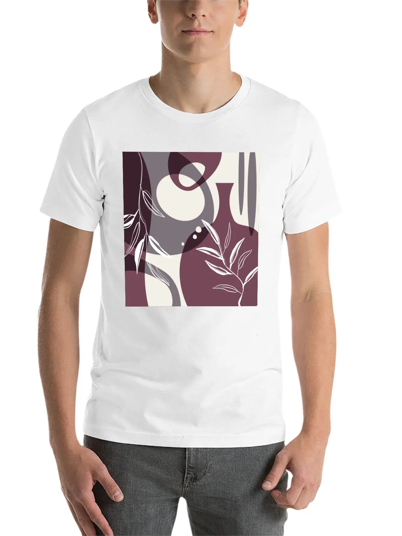 Abstract Leaves And Vases In Mulberry And Unisex Casual T-Shirt – Clean Design For Daily Comfort