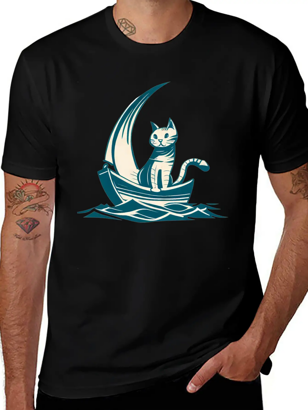 Abstract Minimalist Art - Cat On Boat Design Timeless Short Sleeve Tee – Comfy And Minimalist Design