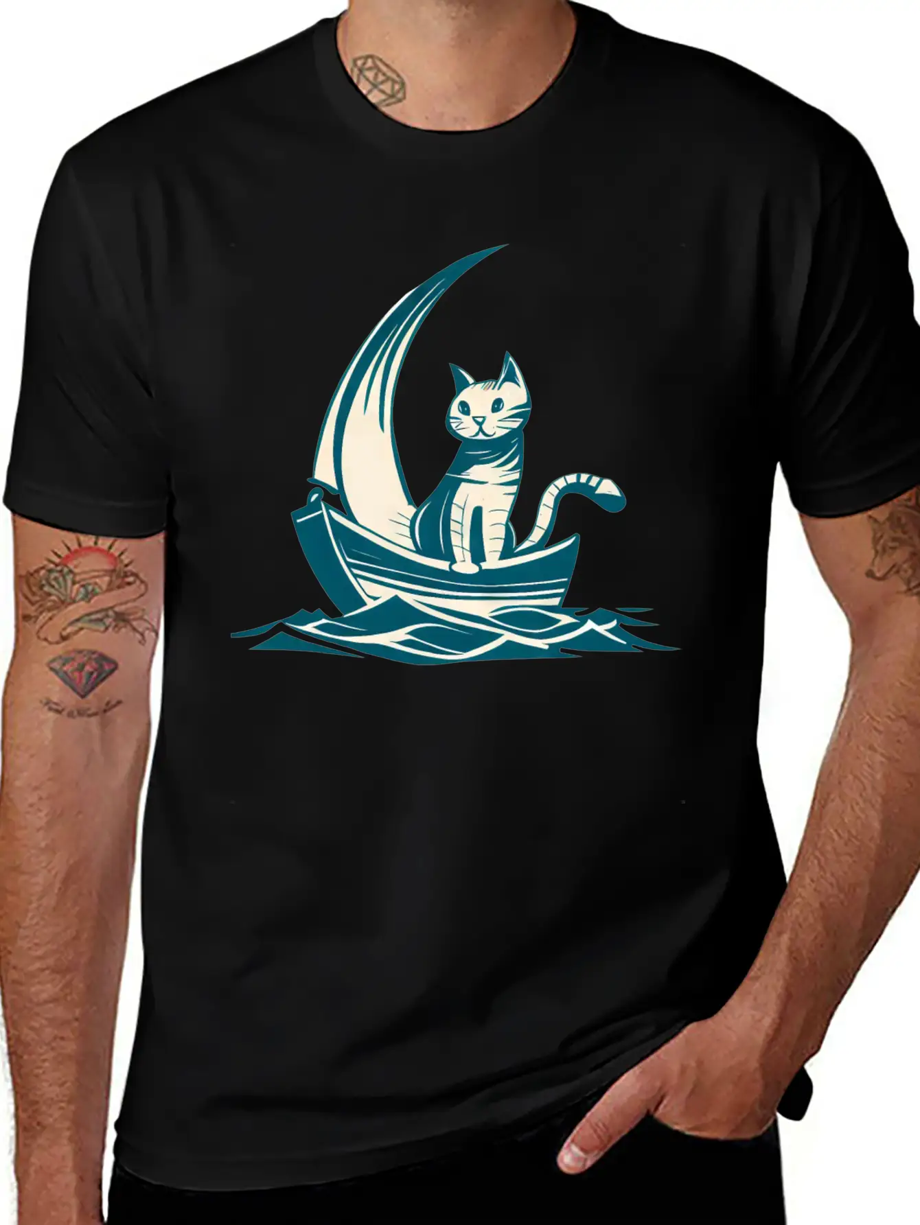 Abstract Minimalist Art - Cat On Boat Design Timeless Short Sleeve Tee – Comfy And Minimalist Design