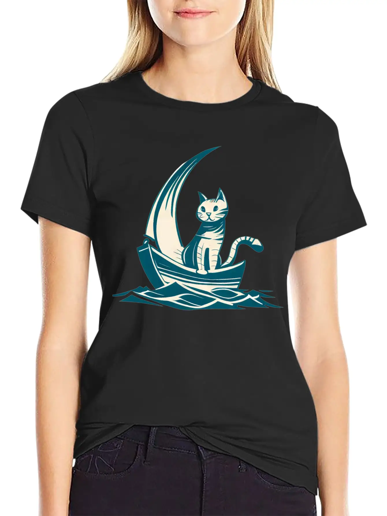 Abstract Minimalist Art - Cat On Boat Design Timeless Short Sleeve Tee – Comfy And Minimalist Design