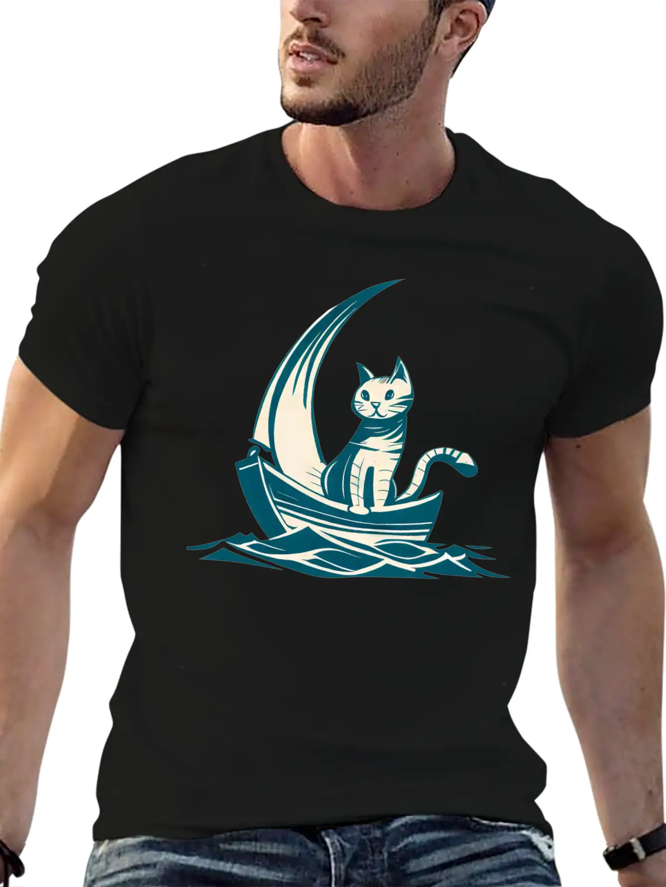 Abstract Minimalist Art - Cat On Boat Design Timeless Short Sleeve Tee – Comfy And Minimalist Design