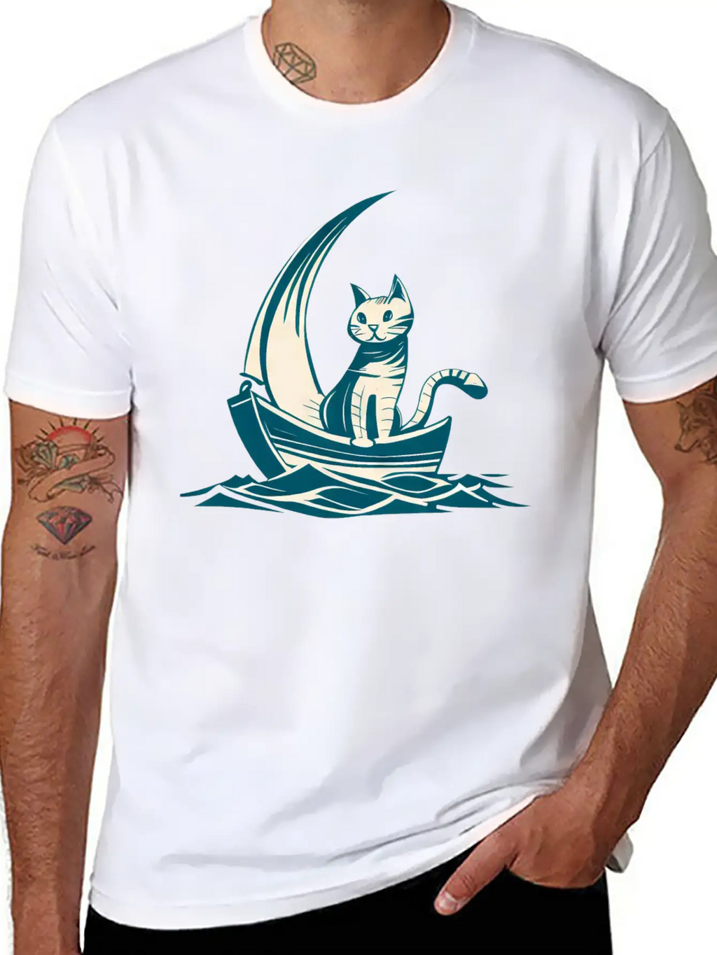 Abstract Minimalist Art - Cat On Boat Design Timeless Short Sleeve Tee – Comfy And Minimalist Design