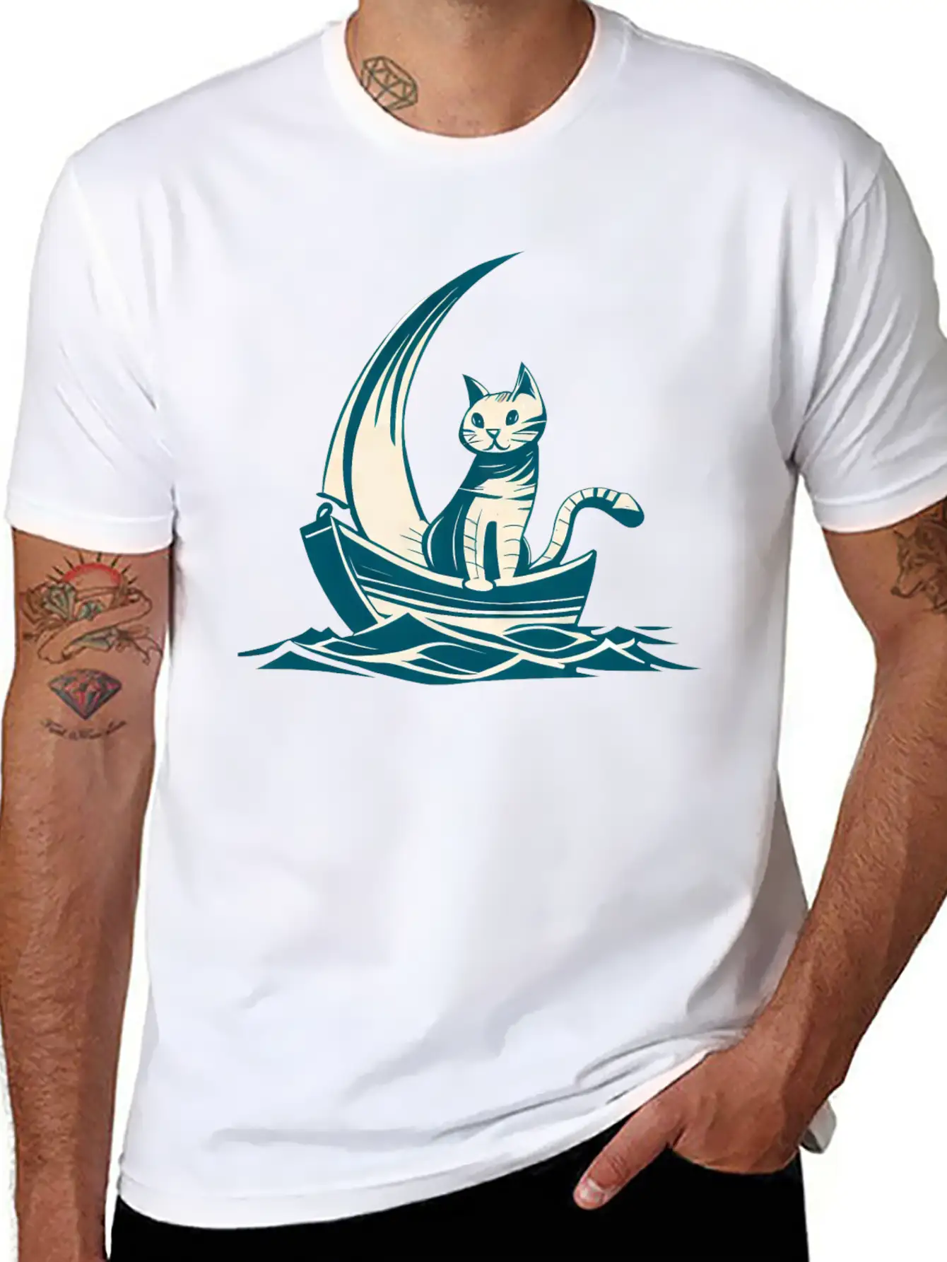 Abstract Minimalist Art - Cat On Boat Design Timeless Short Sleeve Tee – Comfy And Minimalist Design