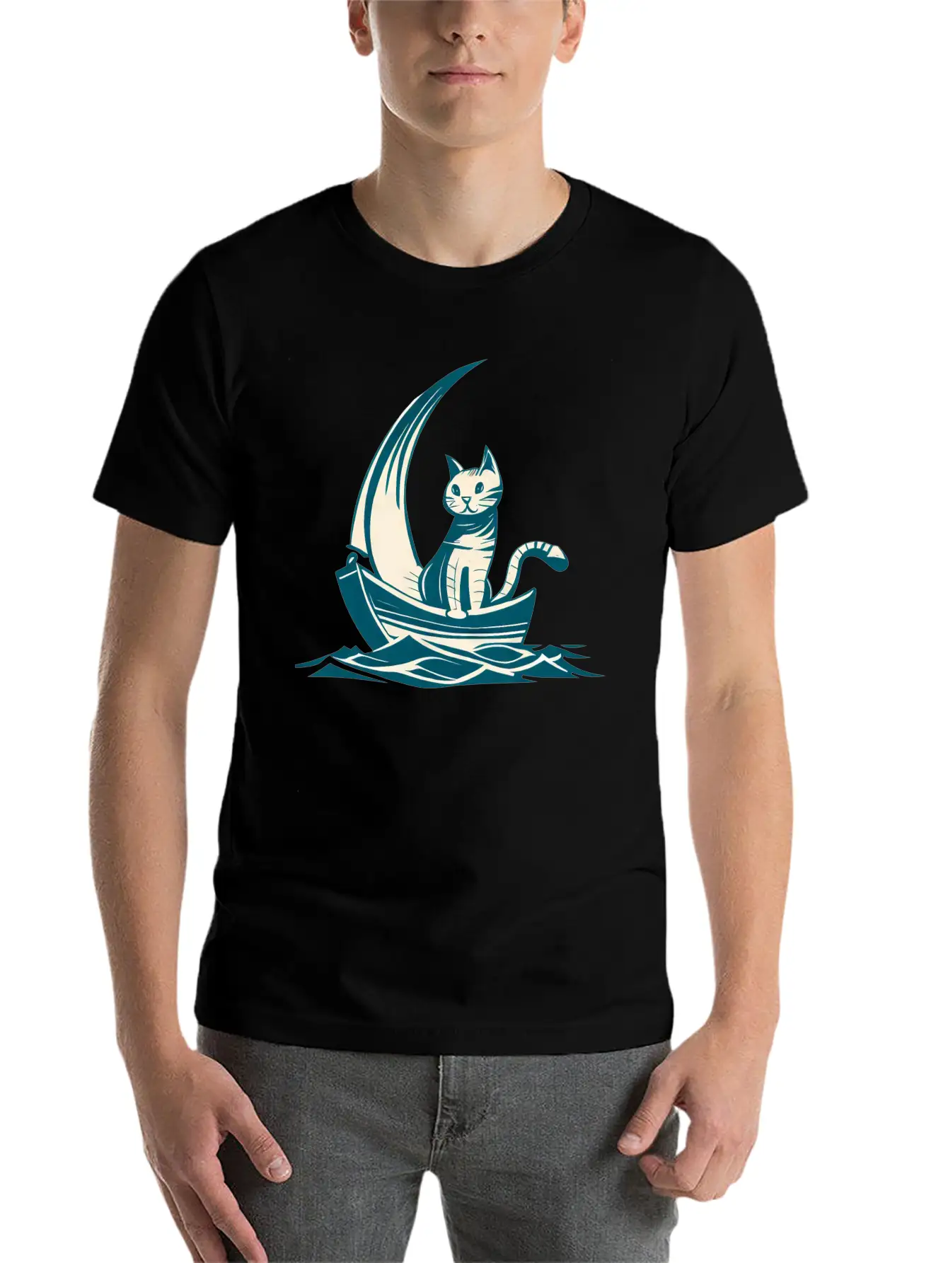Abstract Minimalist Art - Cat On Boat Design Timeless Short Sleeve Tee – Comfy And Minimalist Design