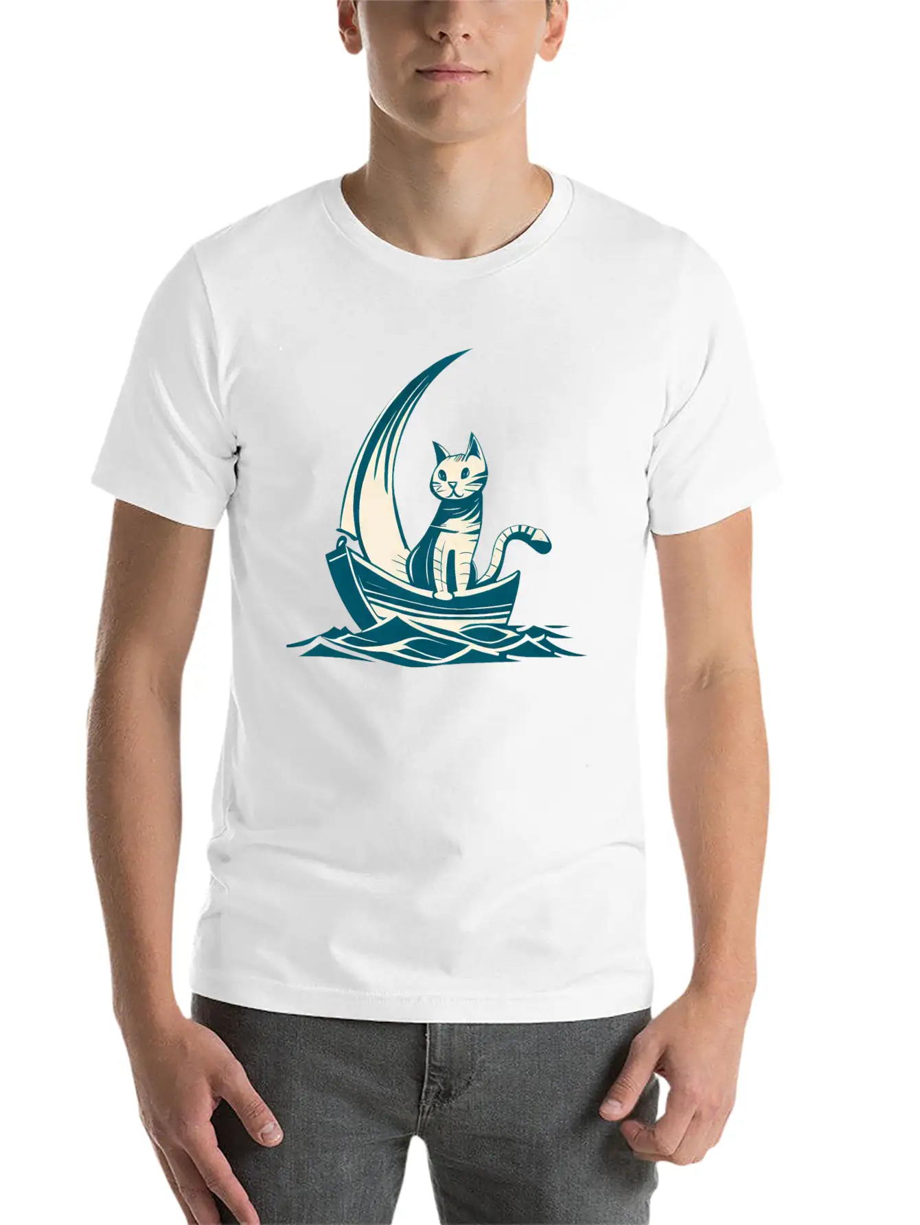 Abstract Minimalist Art - Cat On Boat Design Timeless Short Sleeve Tee – Comfy And Minimalist Design