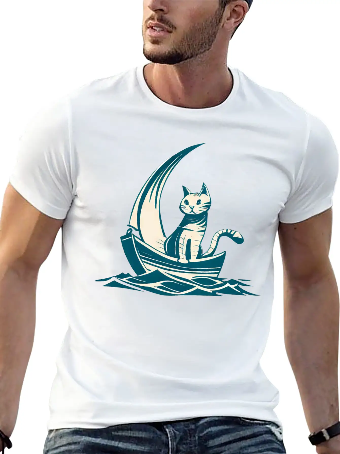 Abstract Minimalist Art - Cat On Boat Design Timeless Short Sleeve Tee – Comfy And Minimalist Design