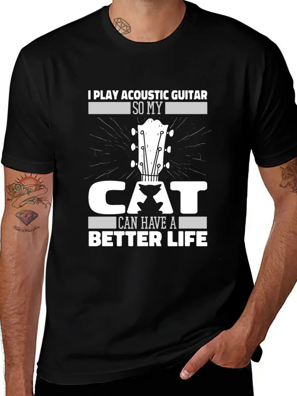 Acoustic Guitar Cat Essential Cotton Tee For Daily Outfits – Unisex Style