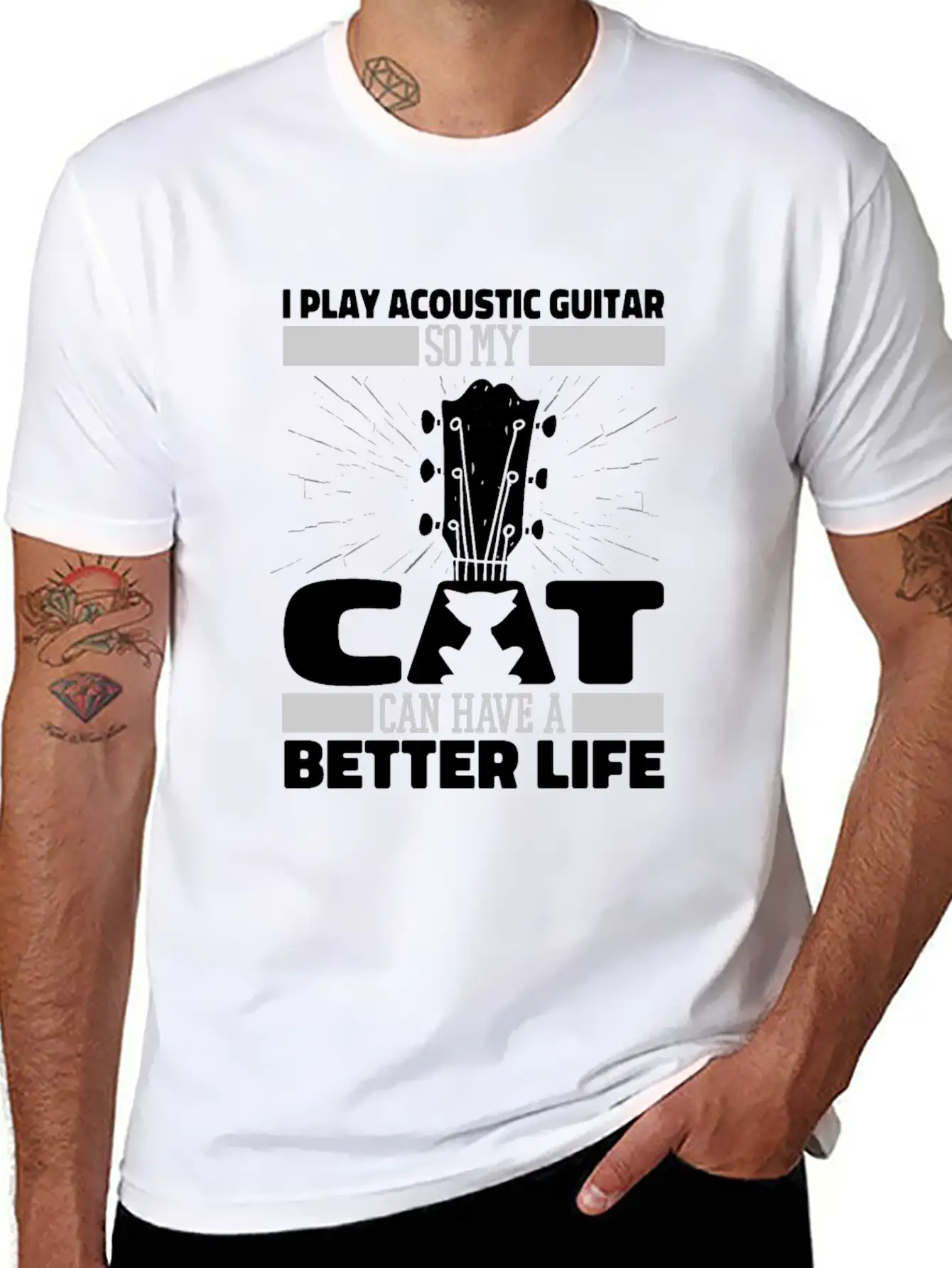 Acoustic Guitar Cat Essential Cotton Tee For Daily Outfits – Unisex Style