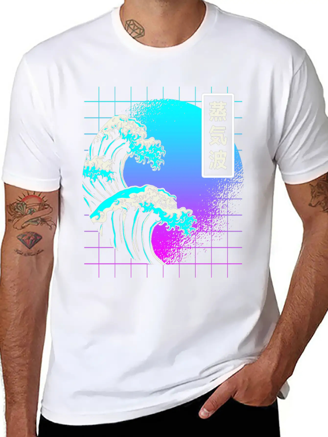 Aesthetic Vaporwave Great Wave Of Kanagawa Japan Essential Cotton Tee For Daily Outfits – Unisex Style