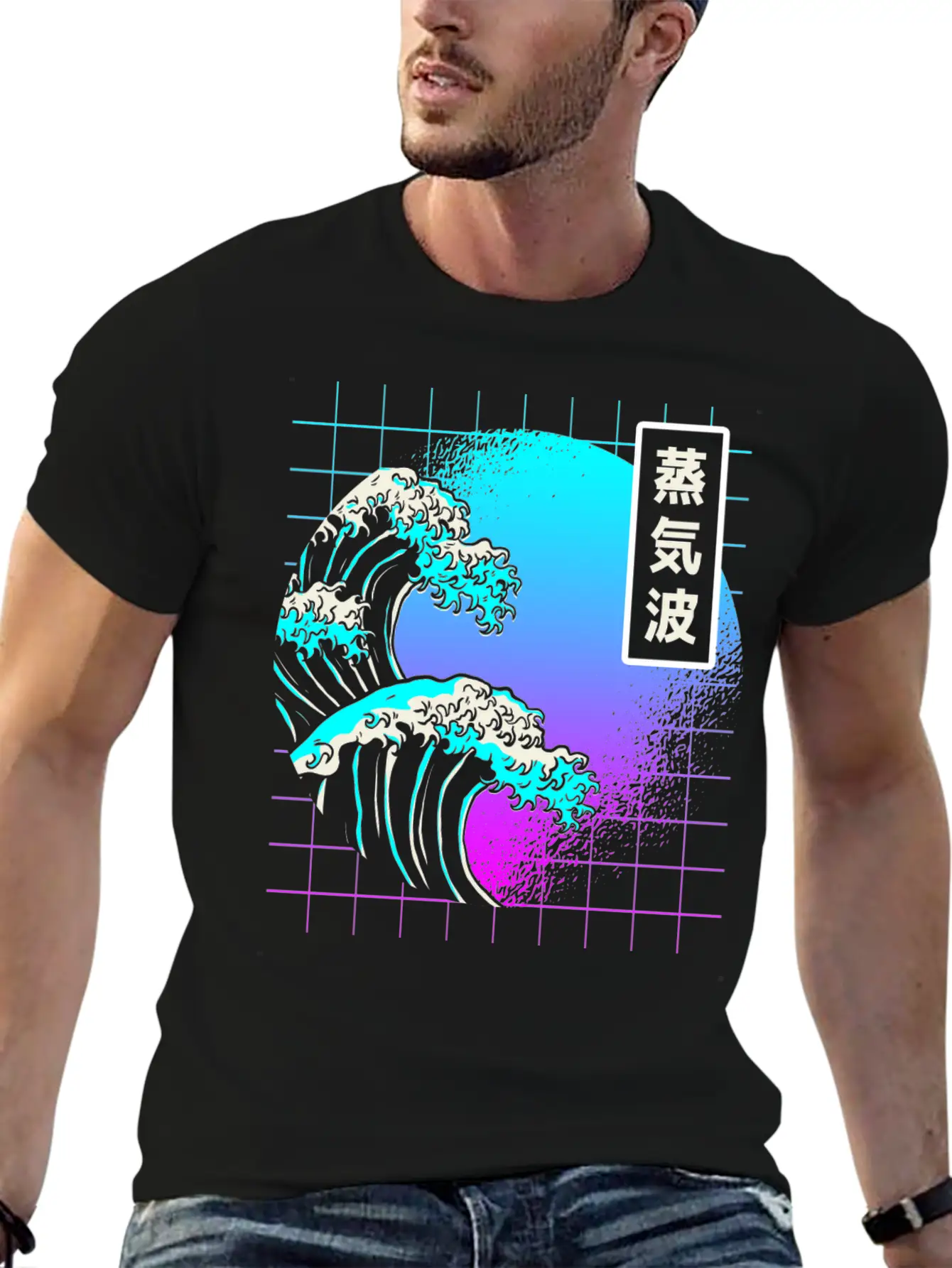 Aesthetic Vaporwave Great Wave Of Kanagawa Japan Essential Cotton Tee For Daily Outfits – Unisex Style