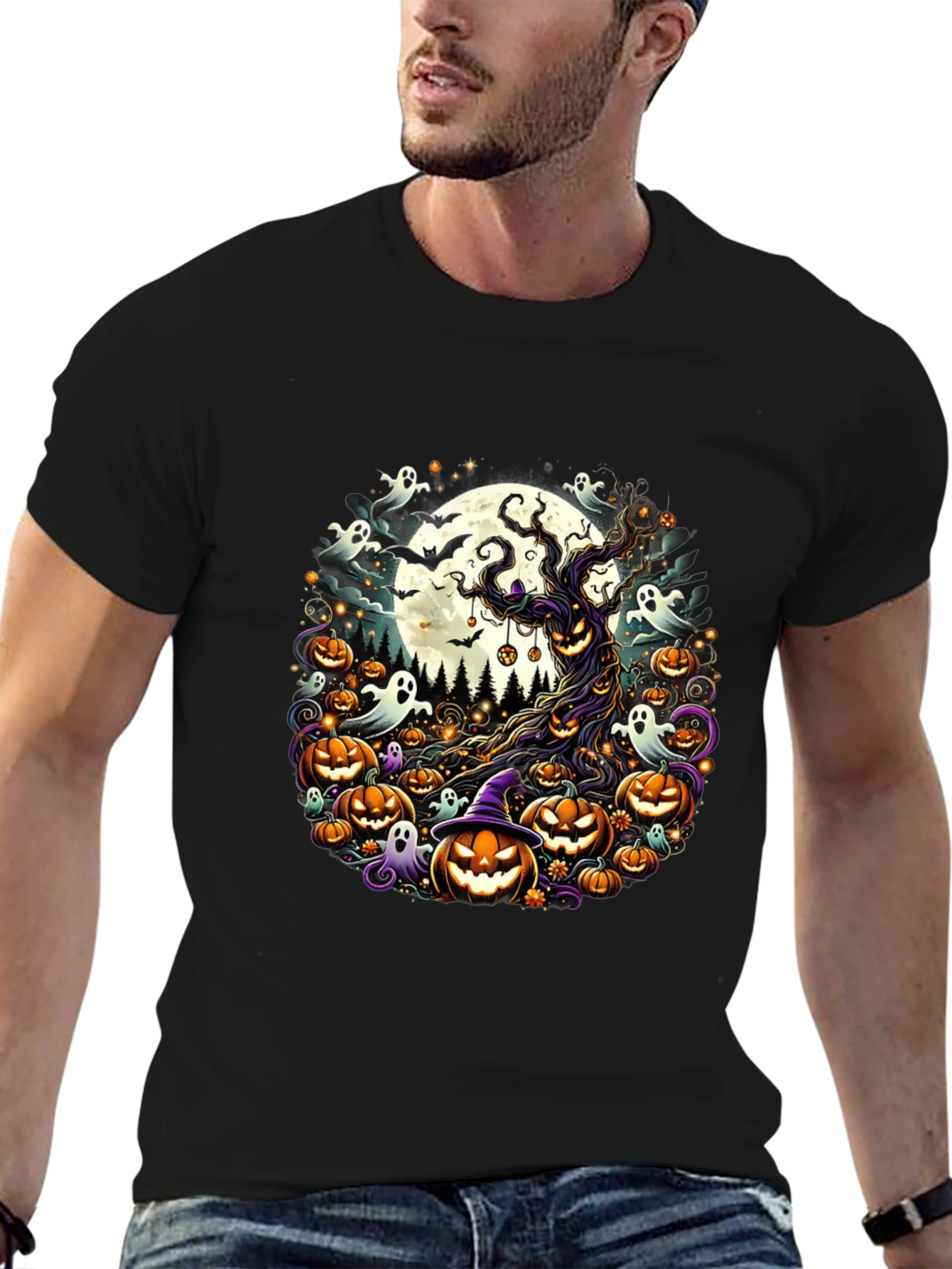 Halloween Tee: Spooky Tree & Pumpkins Design