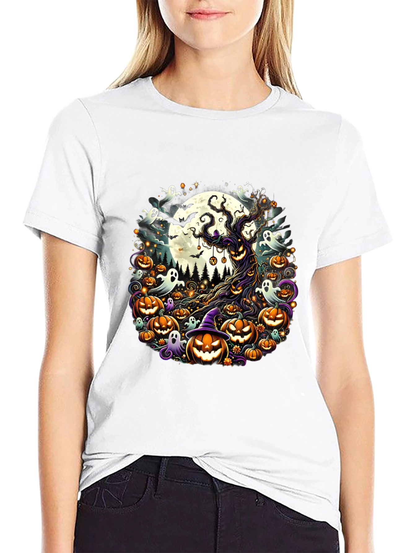 Halloween Tee: Spooky Tree & Pumpkins Design