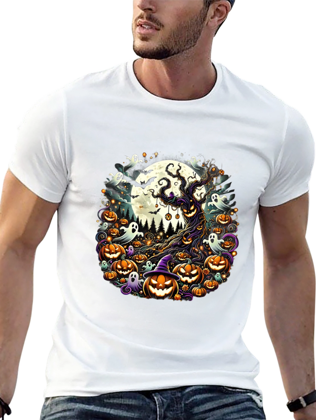 Halloween Tee: Spooky Tree & Pumpkins Design