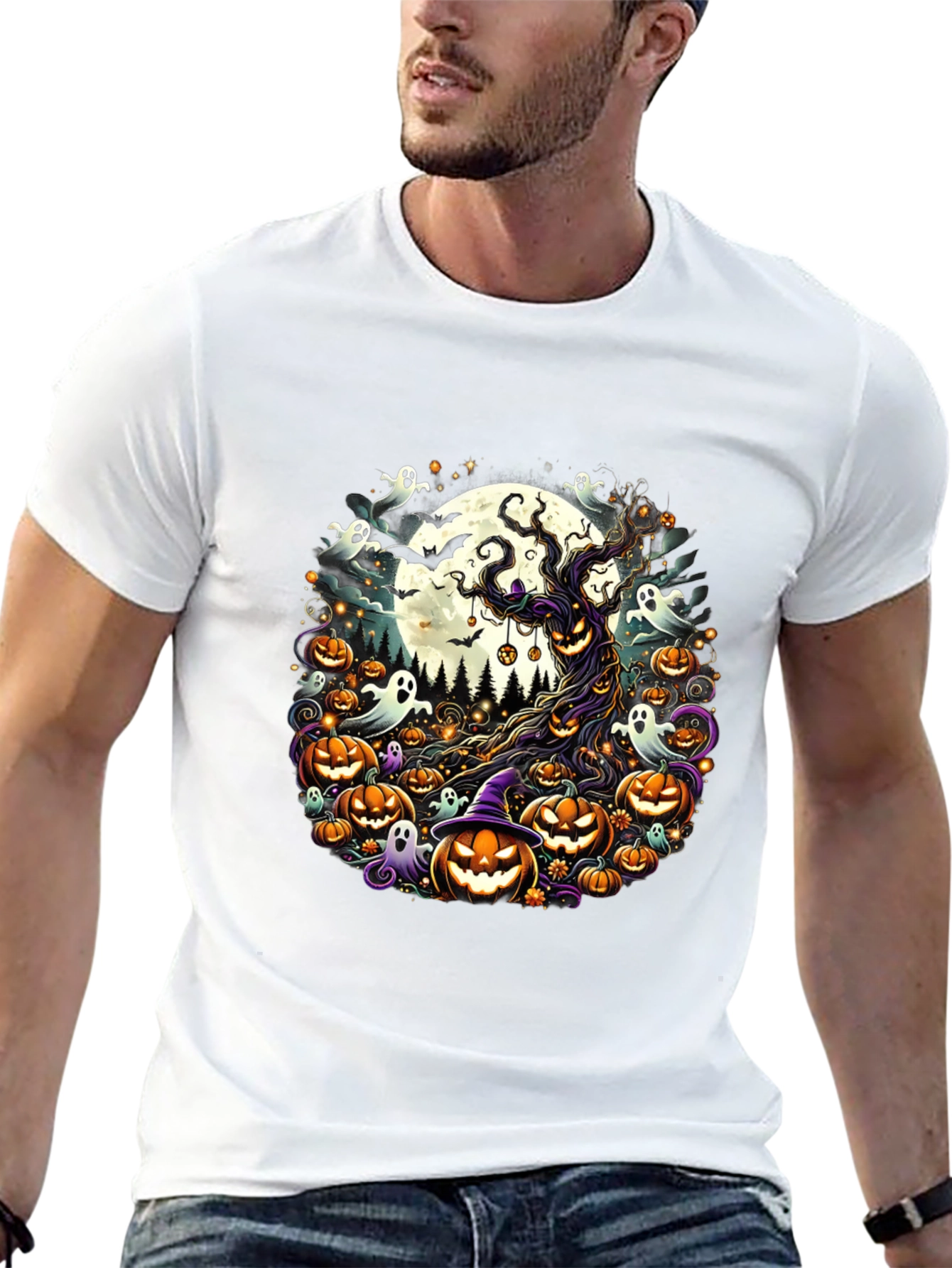 Halloween Tee: Spooky Tree & Pumpkins Design
