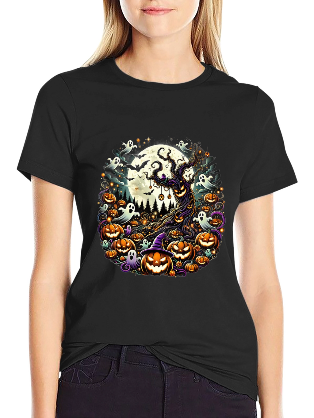 Halloween Tee: Spooky Tree & Pumpkins Design